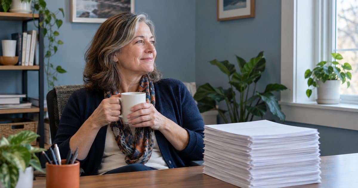 An office manager relaxing with a cup of coffee at her desk, a tall stack of paper forms set aside