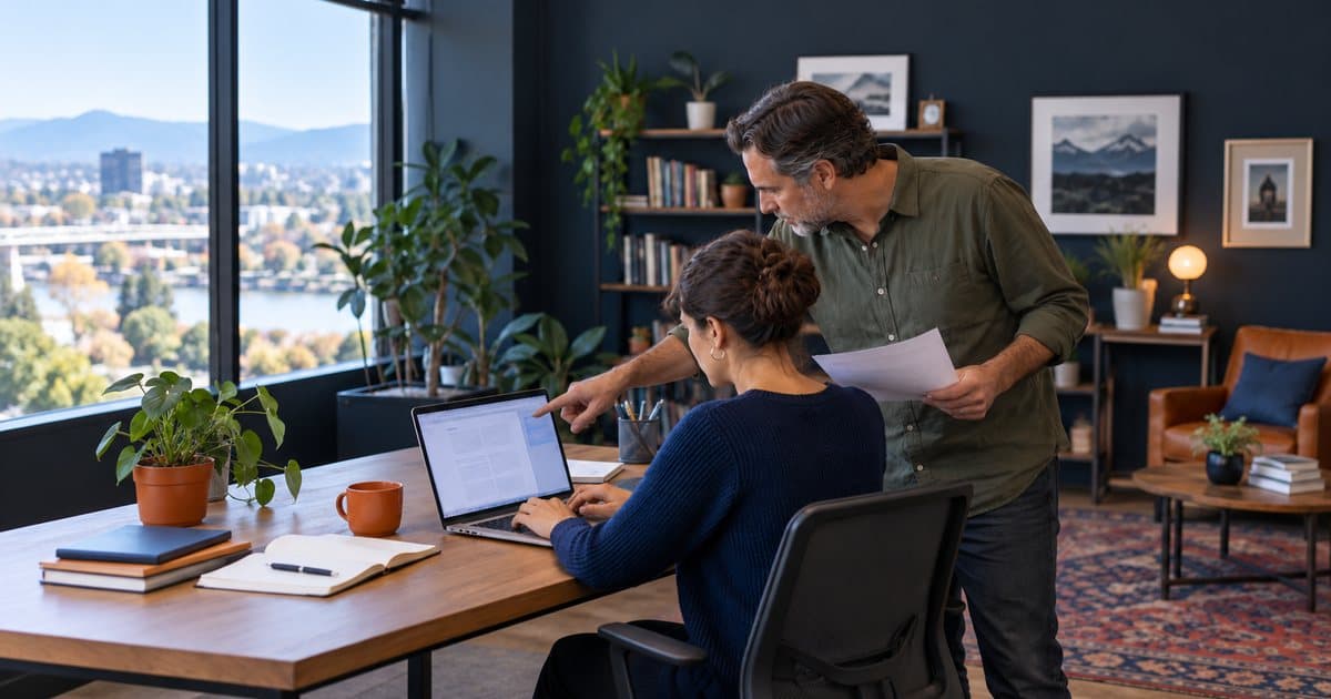 A grant writer drafting on her laptop while a colleague beside her points at the screen, holding a printed draft